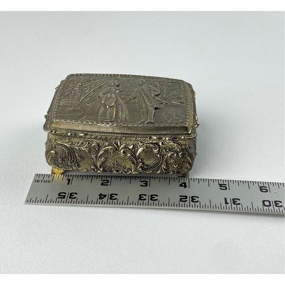 Vintage Ornate Silvertone Metal Footed Velvet Lined Trinket Box Made in Japan DP - Picture 9 of 10